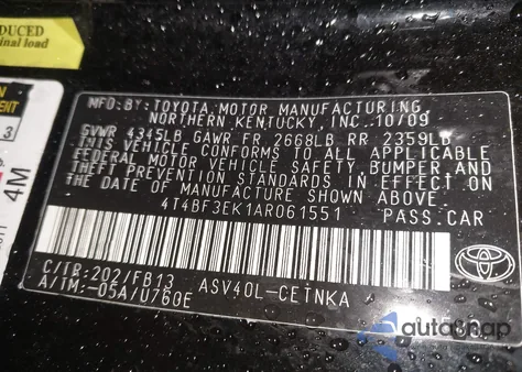 2010 Toyota Camry z USA, uszkodzony, nr VIN 4T4BF3EK1AR061551